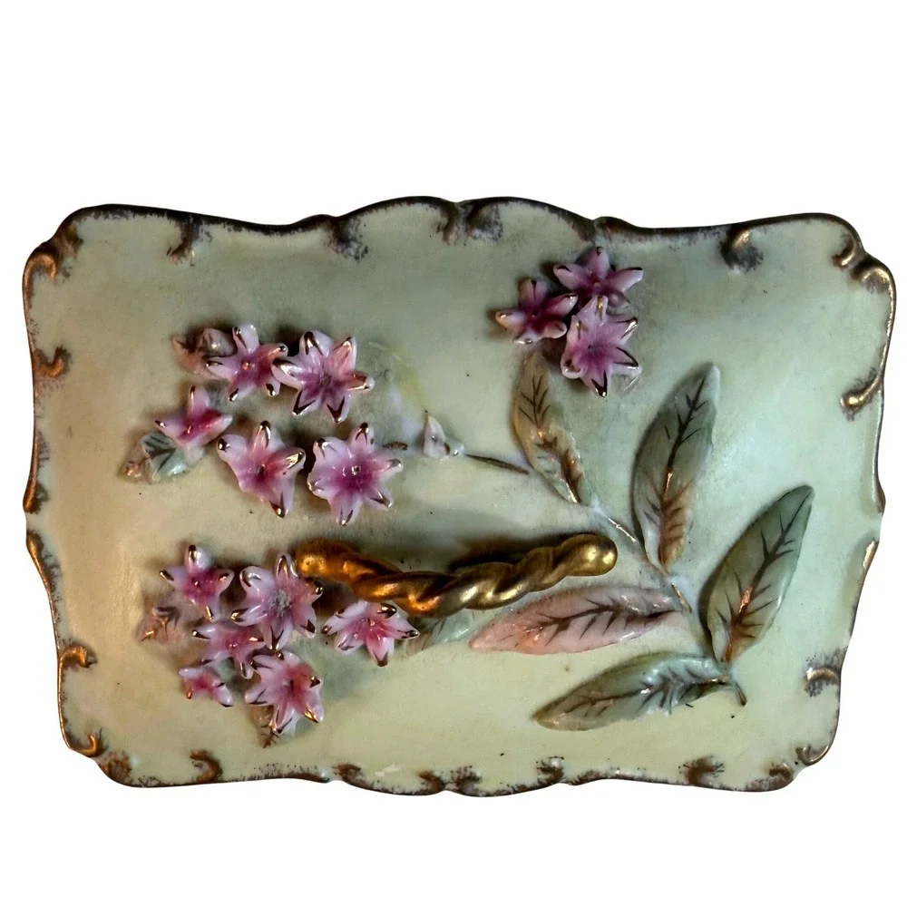 Vintage Porcelain Trinket Box 3D Floral Gold Trim Cream Pink Cottagecore Decor